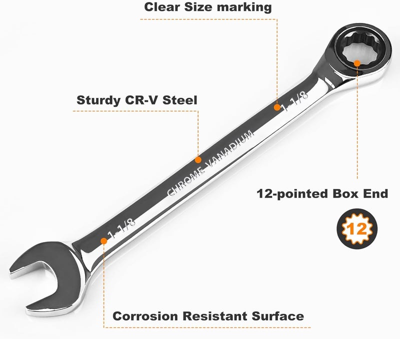 Egofine 1-1/8 inch Ratcheting Combination Wrench SAE, Industrial Grade Gear Spanner with 12-Point Design, 72-Tooth Ratchet, Chrome Vanadium Steel - Image 2